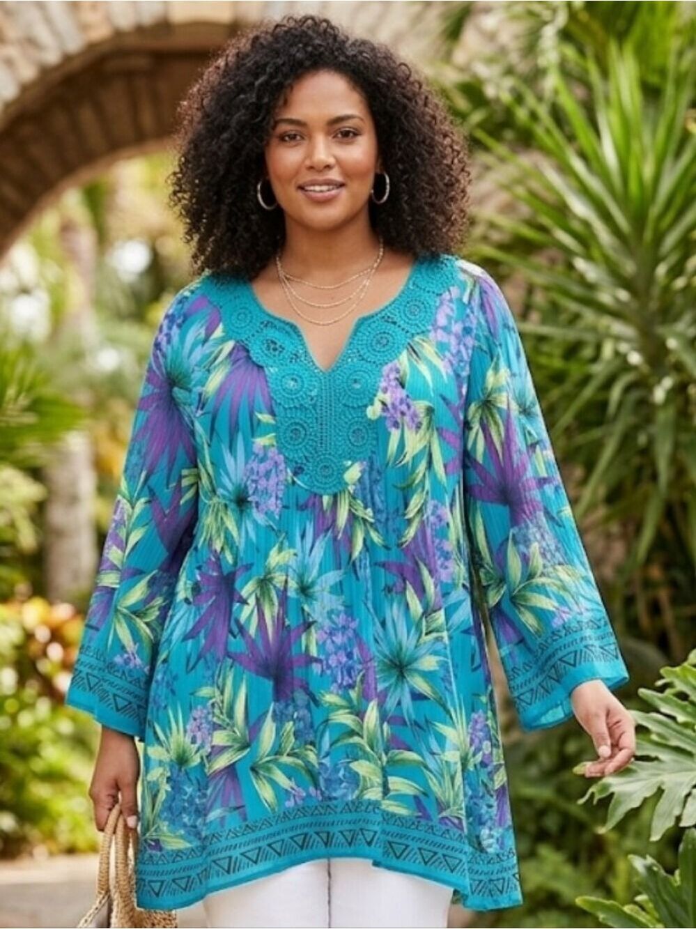 Catherines Plus Size 22-24W Teal Tropical Boho Tunic Crochet Lace Top XXL Summer